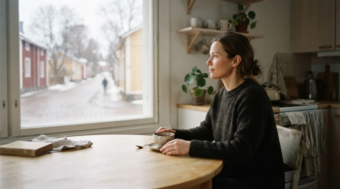 Henkilö istuu keittiön pöydän ääressä teekupin kanssa katsoen ulos ikkunasta rauhallisesti.