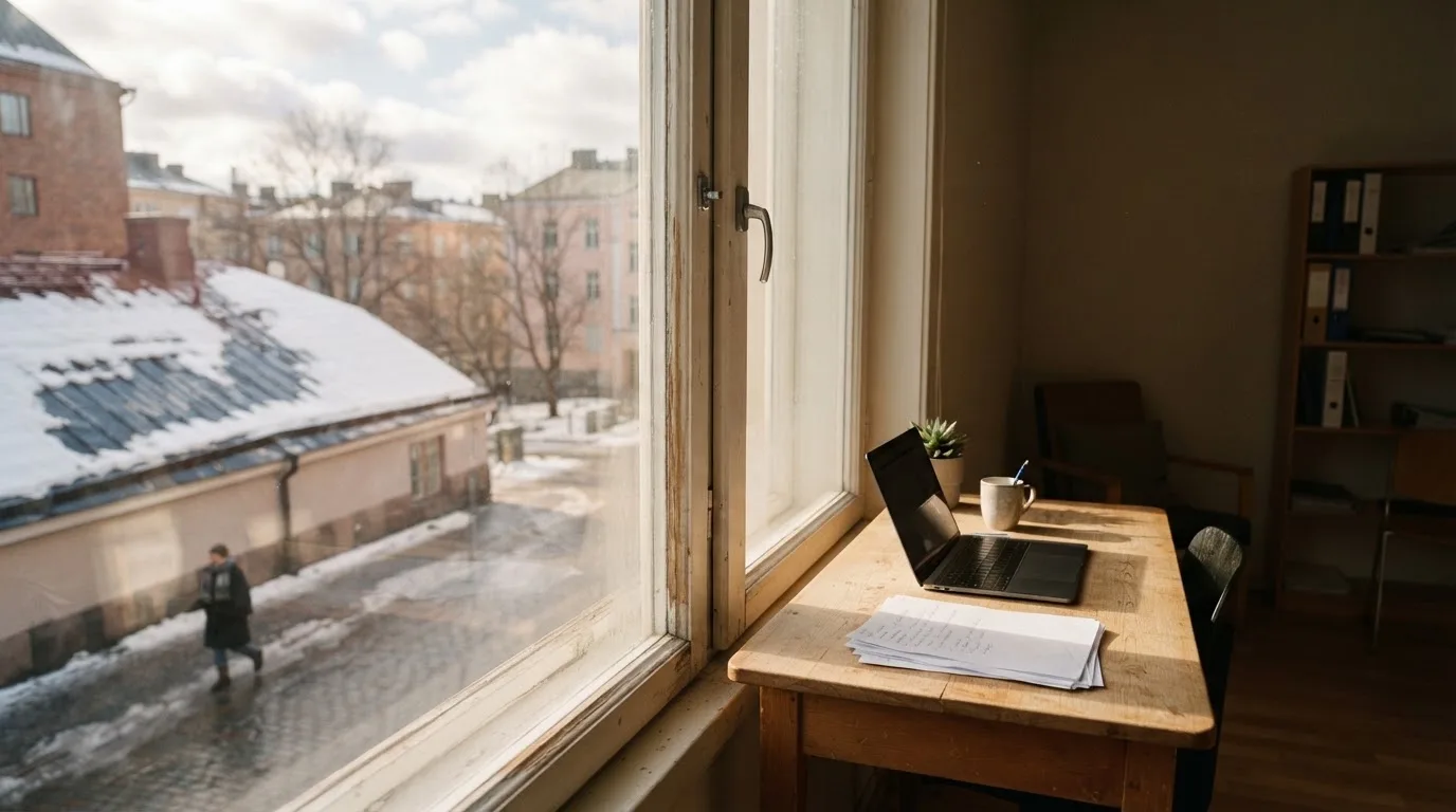 Toimistohuoneen ikkunasta näkyy maaliskuun aamu, lumi sulaa katolla auringonpaisteessa hiljaisella aamulla.